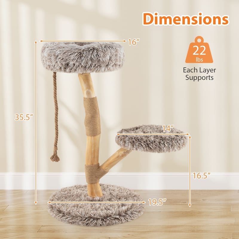 Natural Pear Wood Cat Tree with Plush Tower and Multi-Level Platform Jute Scratching Posts