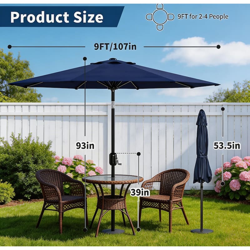 9 FT Patio Umbrella, with Push Button Tilt and Crank