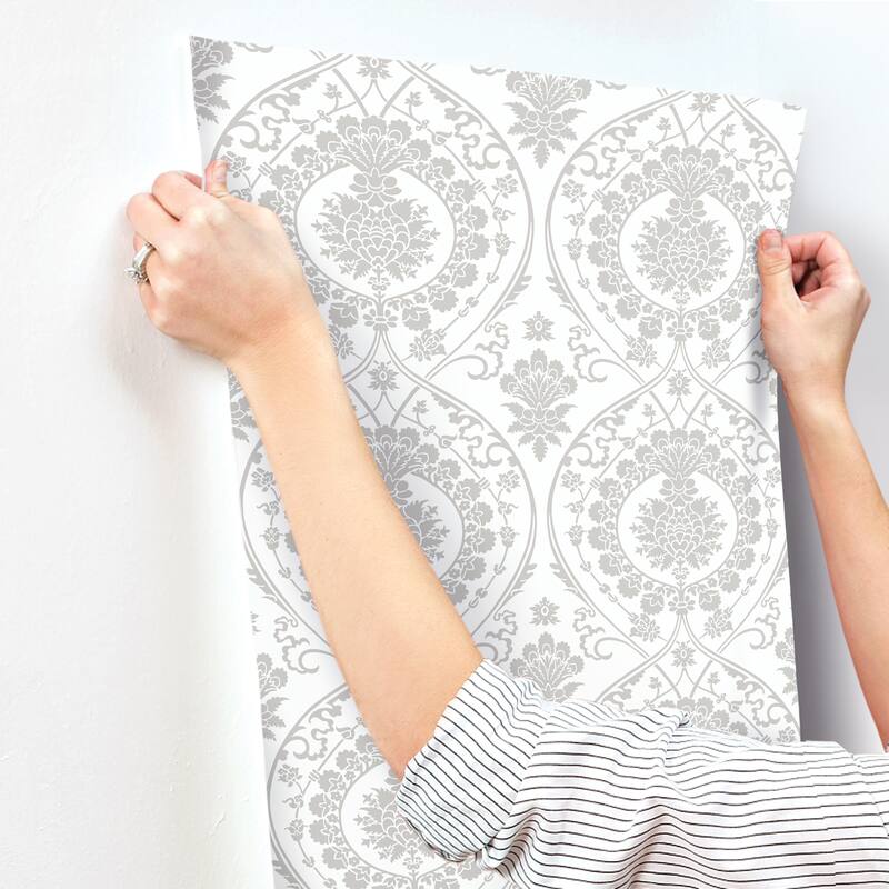 Fargo White/Silver Non-Woven Unpasted Damask Imperial Damask Wallpaper Covers about 60.75 sq. ft.