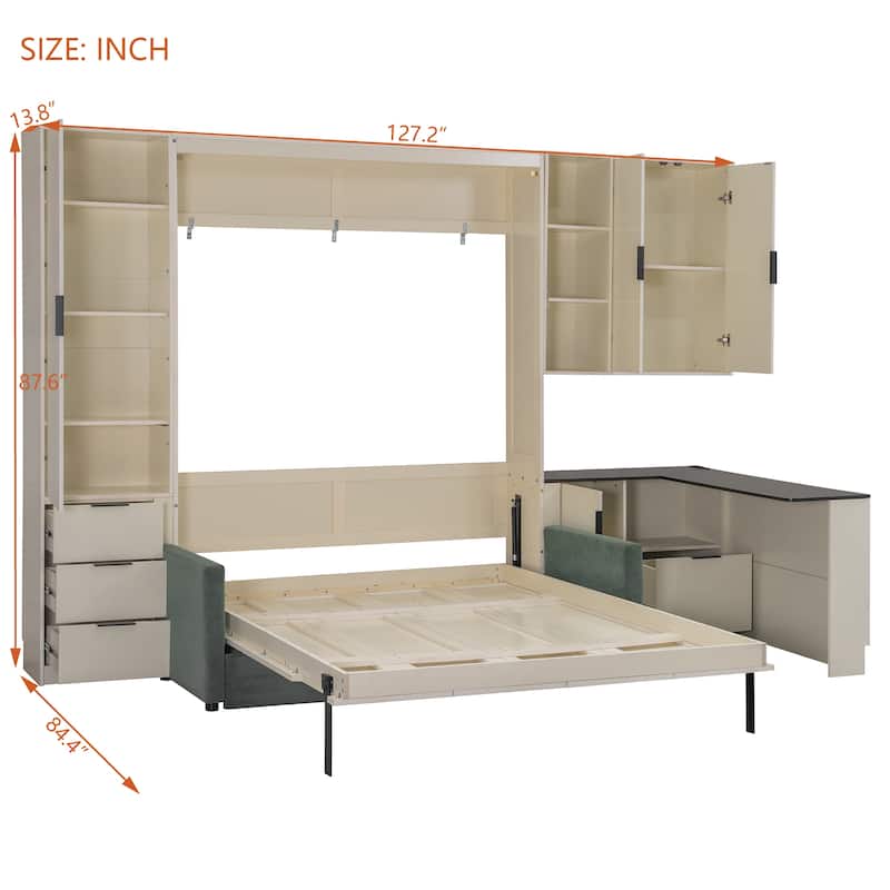 Queen Wall Murphy Bed with Hydraulic Lift Storage, Sofa, Shelves, Drawers, LED & USB Lighting for Small Spaces
