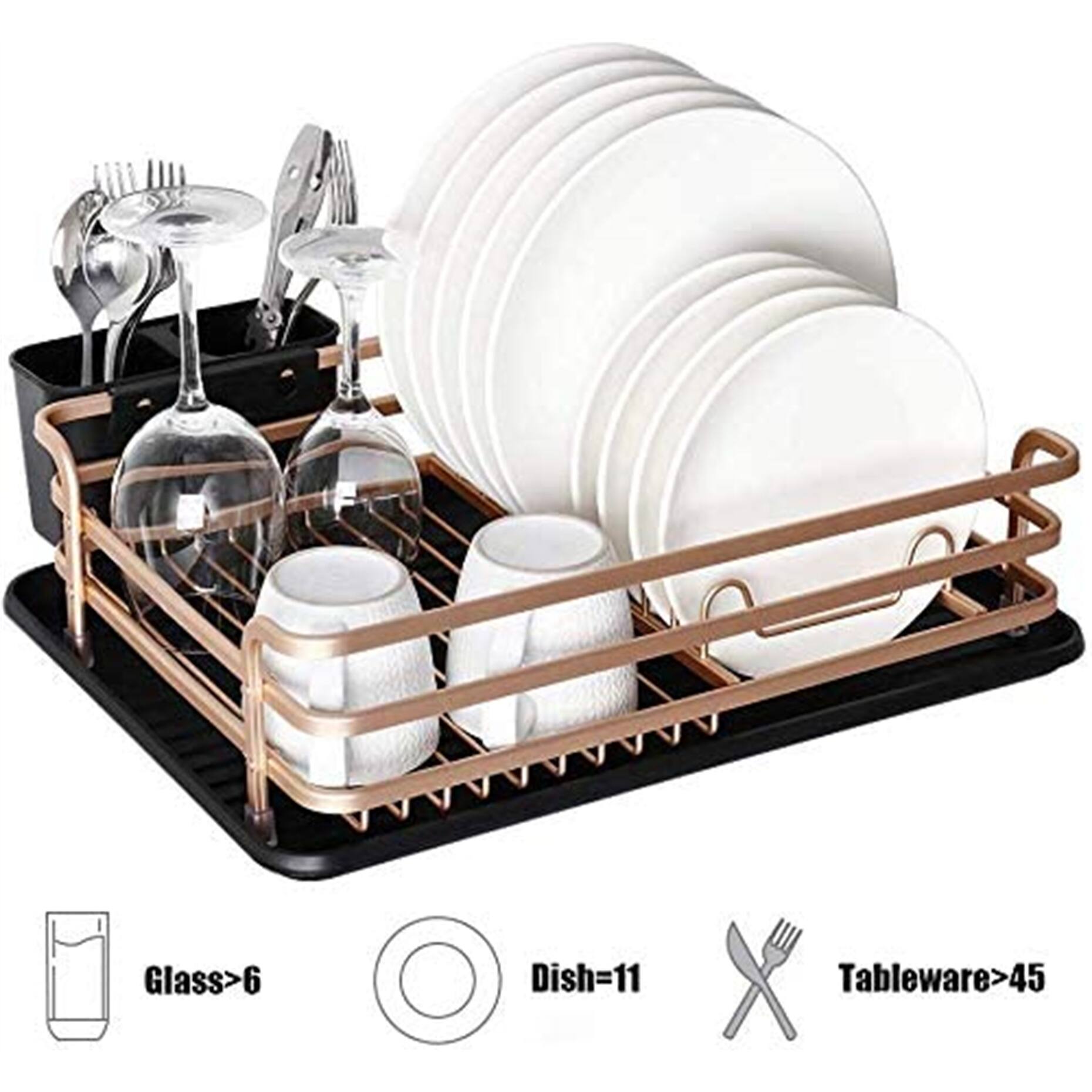 Aluminum Dish Drying Rack with Cutlery Holder, Rose Gold Bed Bath