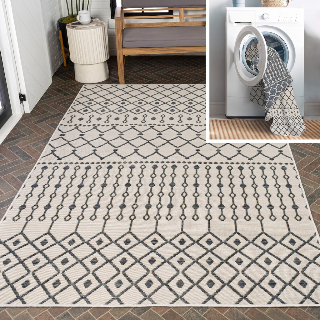 JONATHAN Y Reversible Arielle Modern Geometric Moroccan Machine-Washable Navy/Cream Indoor/Outdoor Area Rug