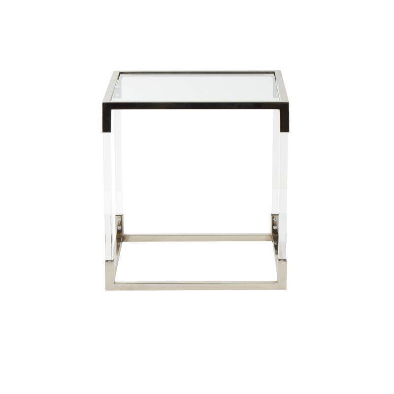 Silver Metal Cube Shaped Side End Accent Table with Clear Glass Top and Acrylic Legs