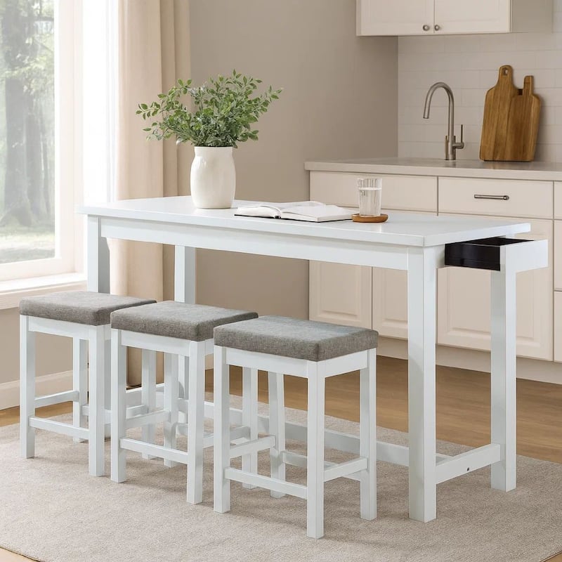 1 Drawer Counter Height Table with Backless Stools,Set of 4,White and Gray