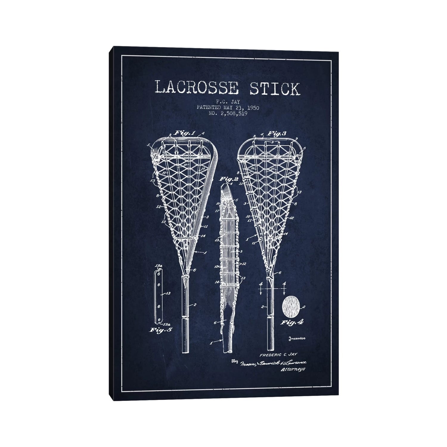 iCanvas "Lacrosse Stick Navy Blue Patent Blueprint" by Aged Pixel Canvas Print