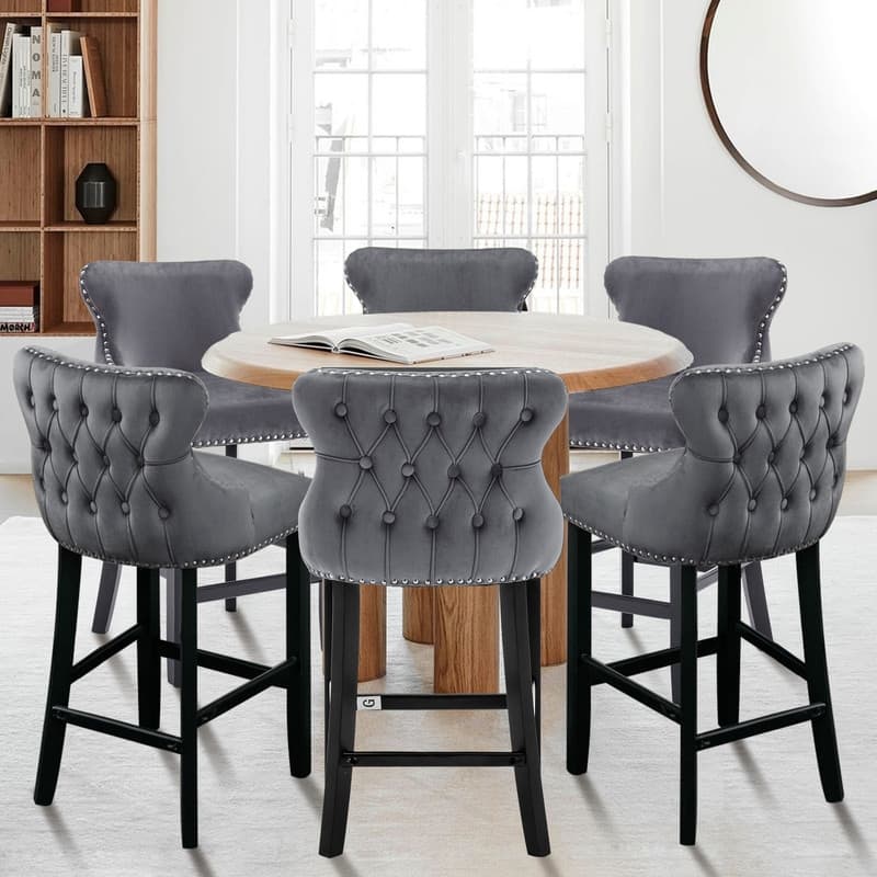 Button Tufted Velvet Wing Back Barstools Set of 6