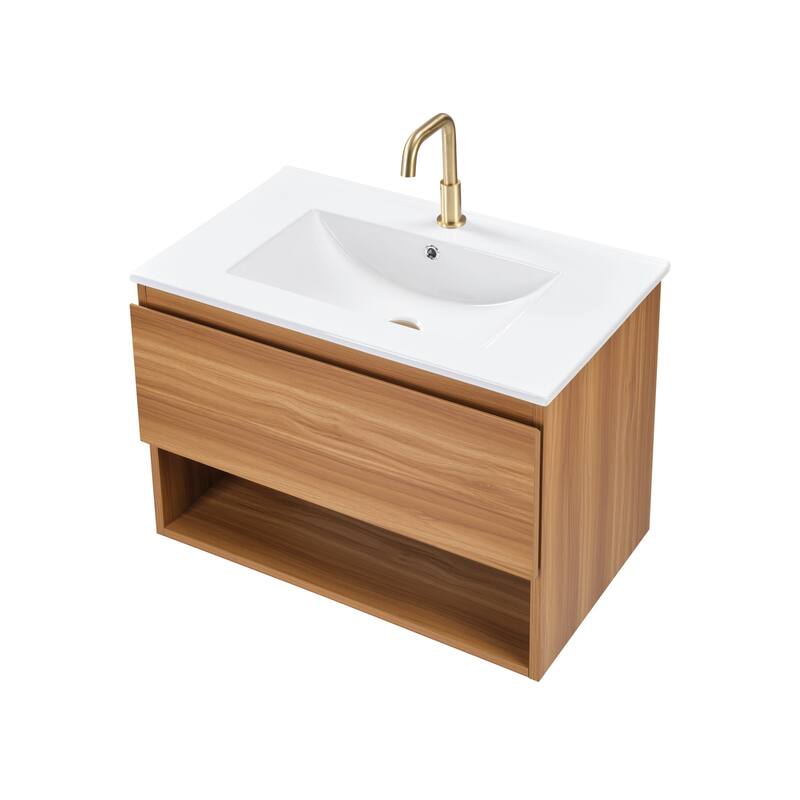 24 Inch Bathroom Vanity Cabinet With Ceramic Sink - Walnut Wall Mounted Floating Fluted Vanity With Drawers