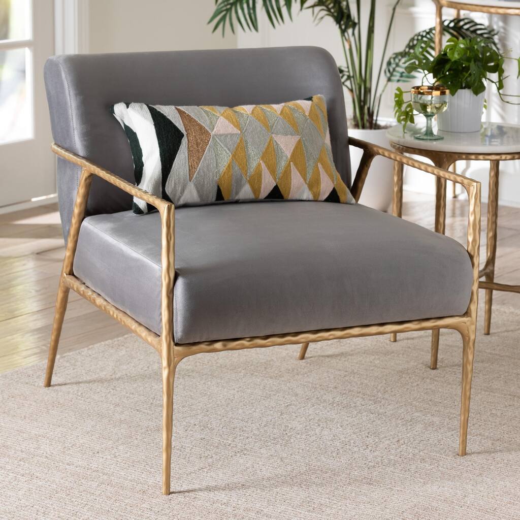 Ilmari Velvet Lounge Chair with Track Arms - Modern Rustic Armchair with Hand-Forged Metal Frame for Living Room or Lounge