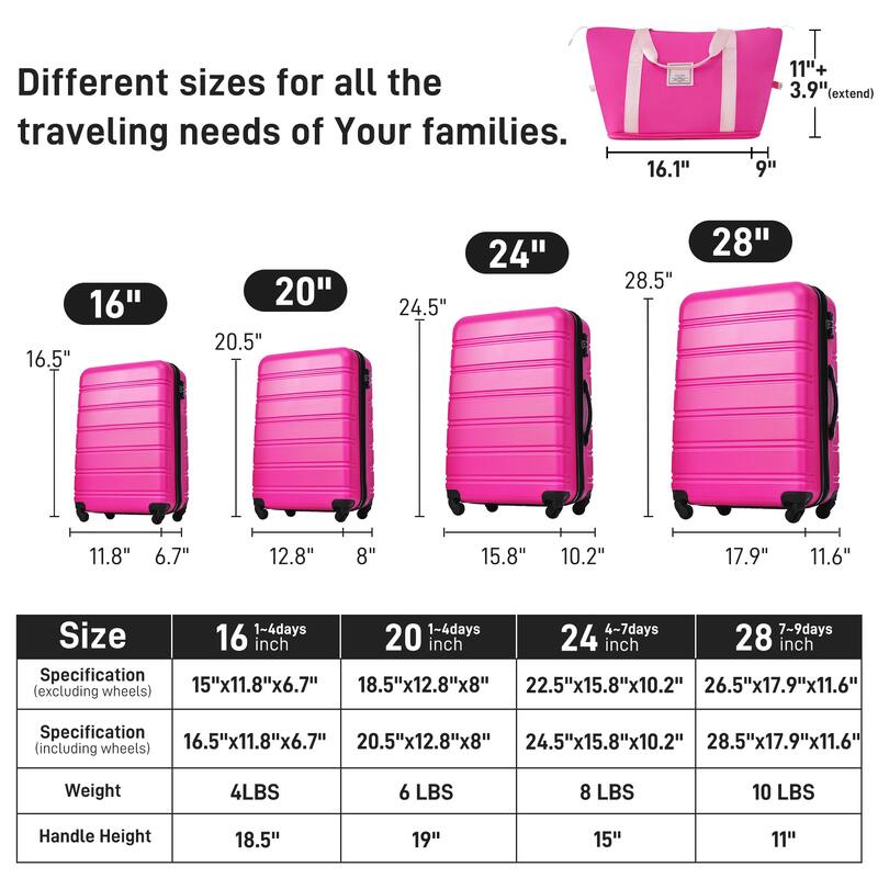 4-Piece Modern Luggage Sets, Lightweight Luggage with 360° Swivel Wheels and TSA Lock, for Boarding Travel, Pink