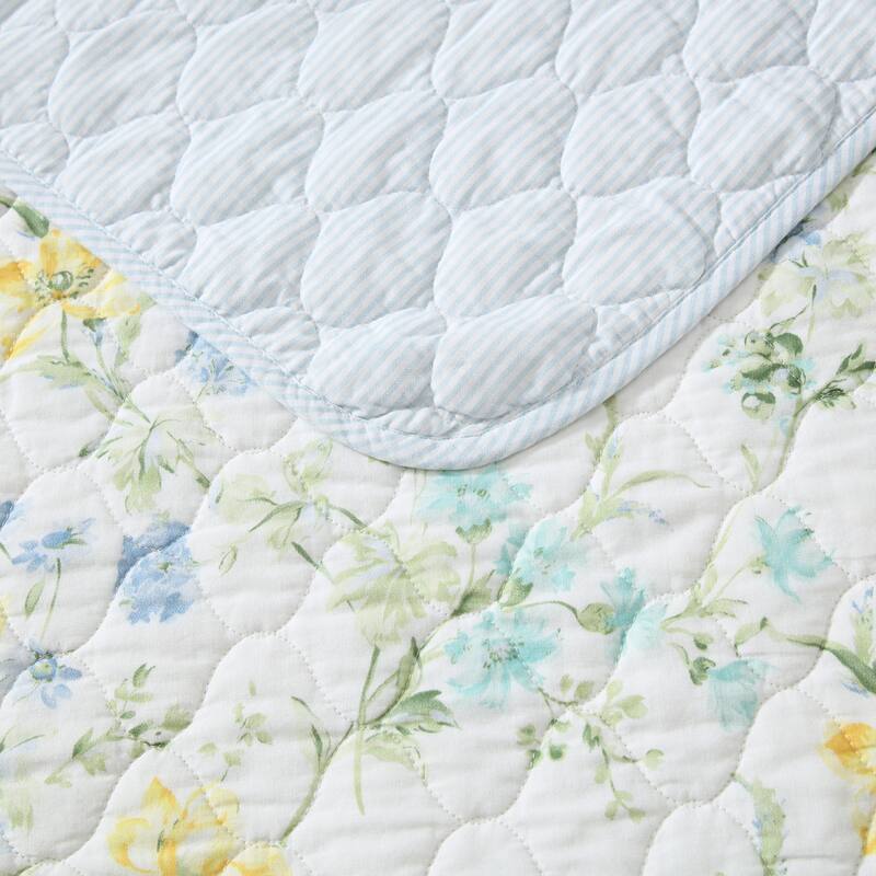 Laura Ashley Poppy Meadow Cotton Reversible Blue Quilt Set