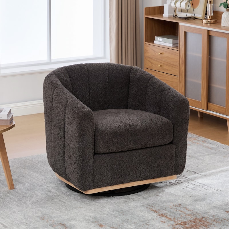 31.89" W Pumpkin-Shape Barrel Swivel Chair Modern Chenille Swivel Accent Chair with Metal Base, Upholstered Tufted Armchair - Charcoal