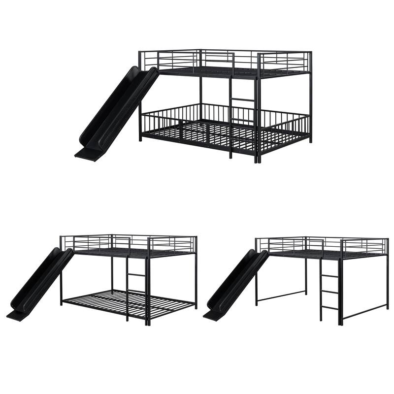 Black Full over Full Size Metal Bunk Bed with Slide & Guardrails