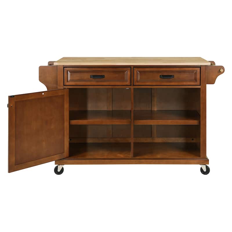 Natural Wood Topped Kitchen Island with Storage, Mobile Kitchen Cart