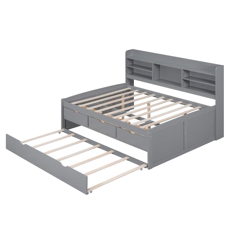 Full Size Wooden Captain Platform Bed with Bookshelves & Trundle