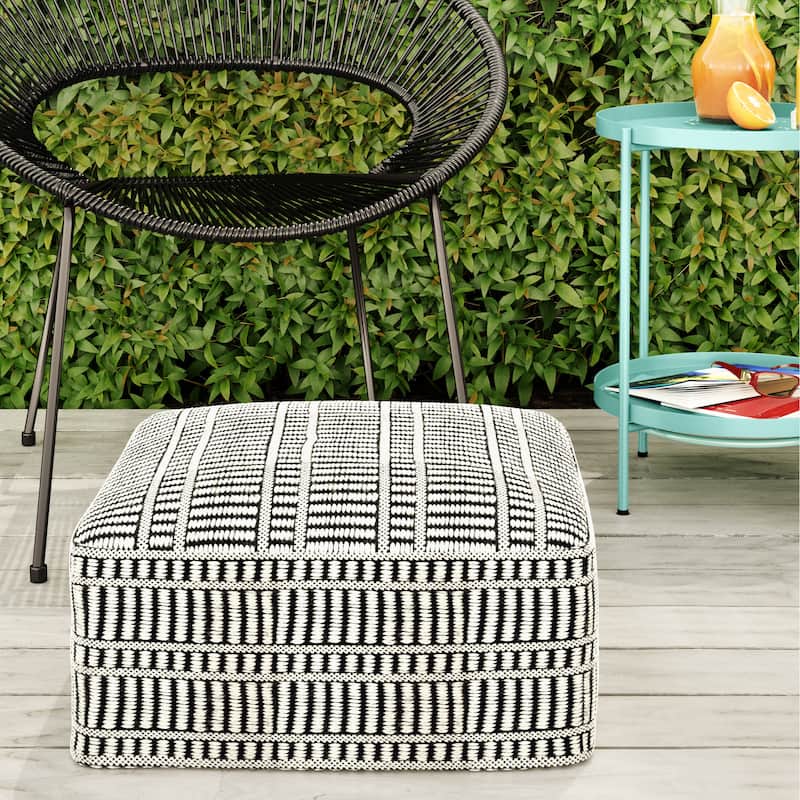 WYNDENHALL Wonda Square Woven Pouf in Recycled PET Polyester & Assembled - Black and White
