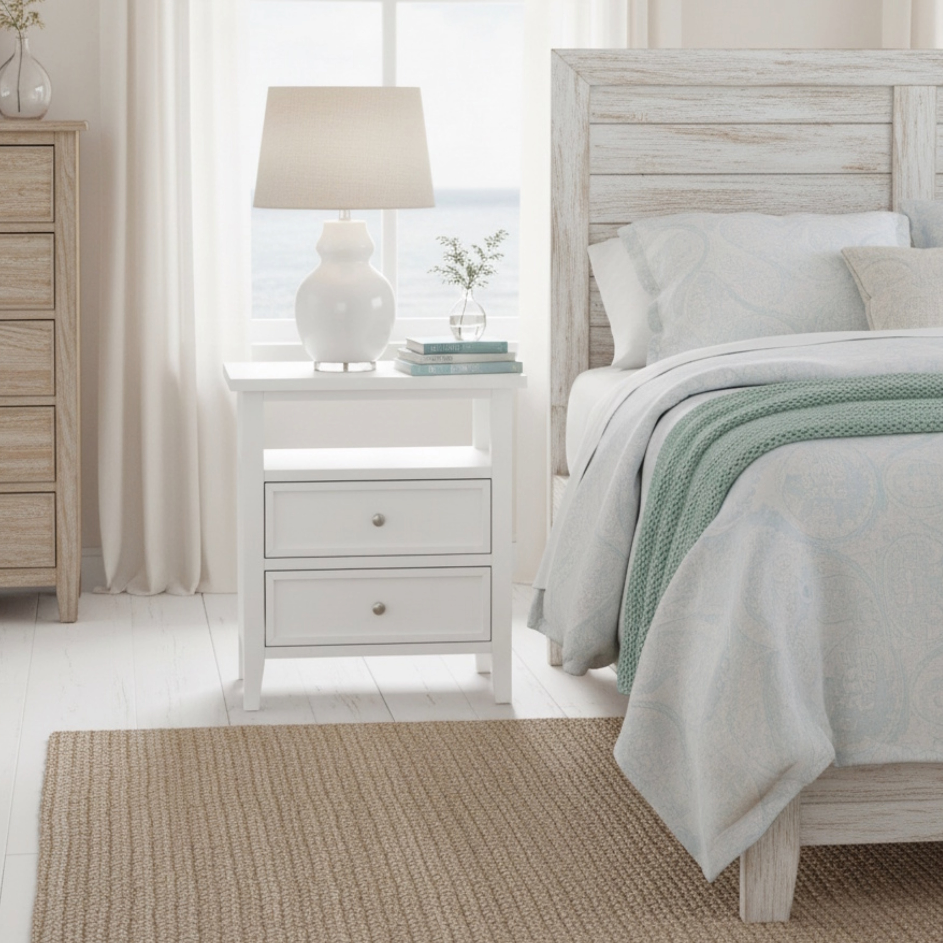 2- Drawer Nightstand with Nickel Knobs and Open Shelf Solid Wood Construction