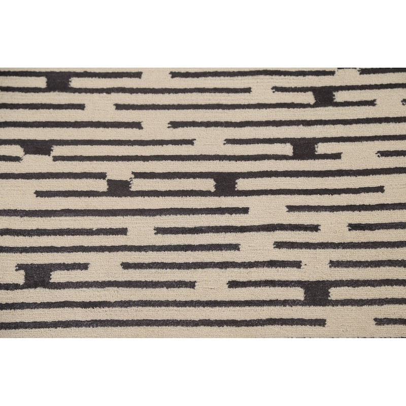 Striped Beige Nepalese Indian Area Rug Hand-Knotted Wool Carpet - 9'0" x 11'8"