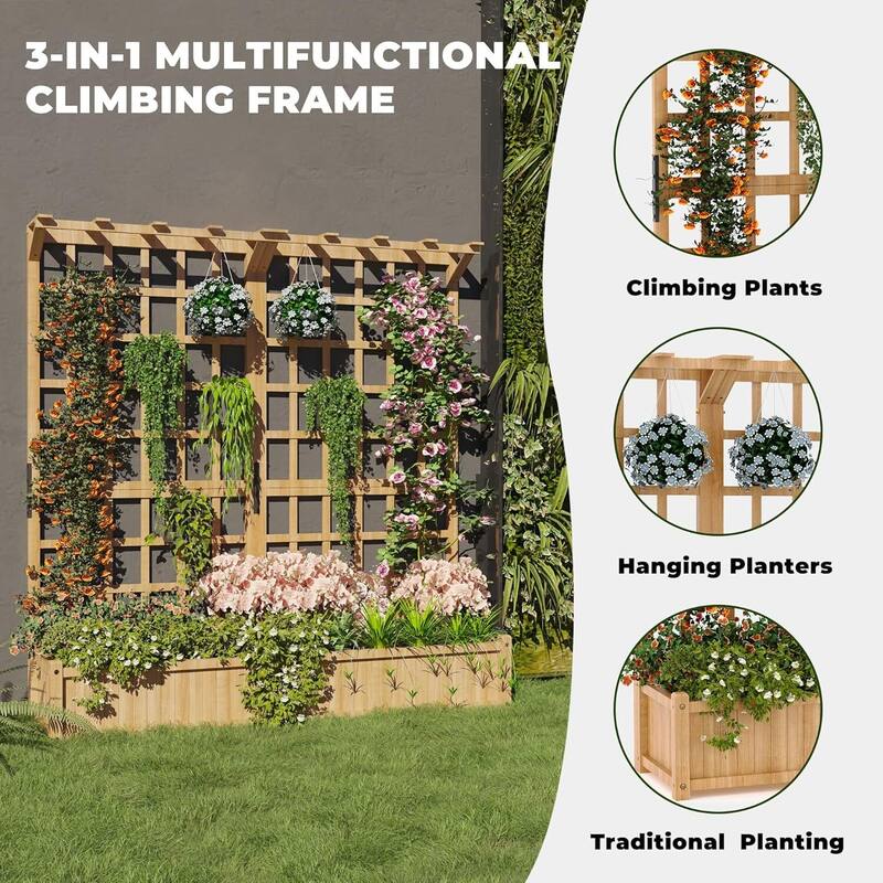 Double Tiered Wood Planter with Trellis and Roof - 1.4 ft Deep Raised Planter