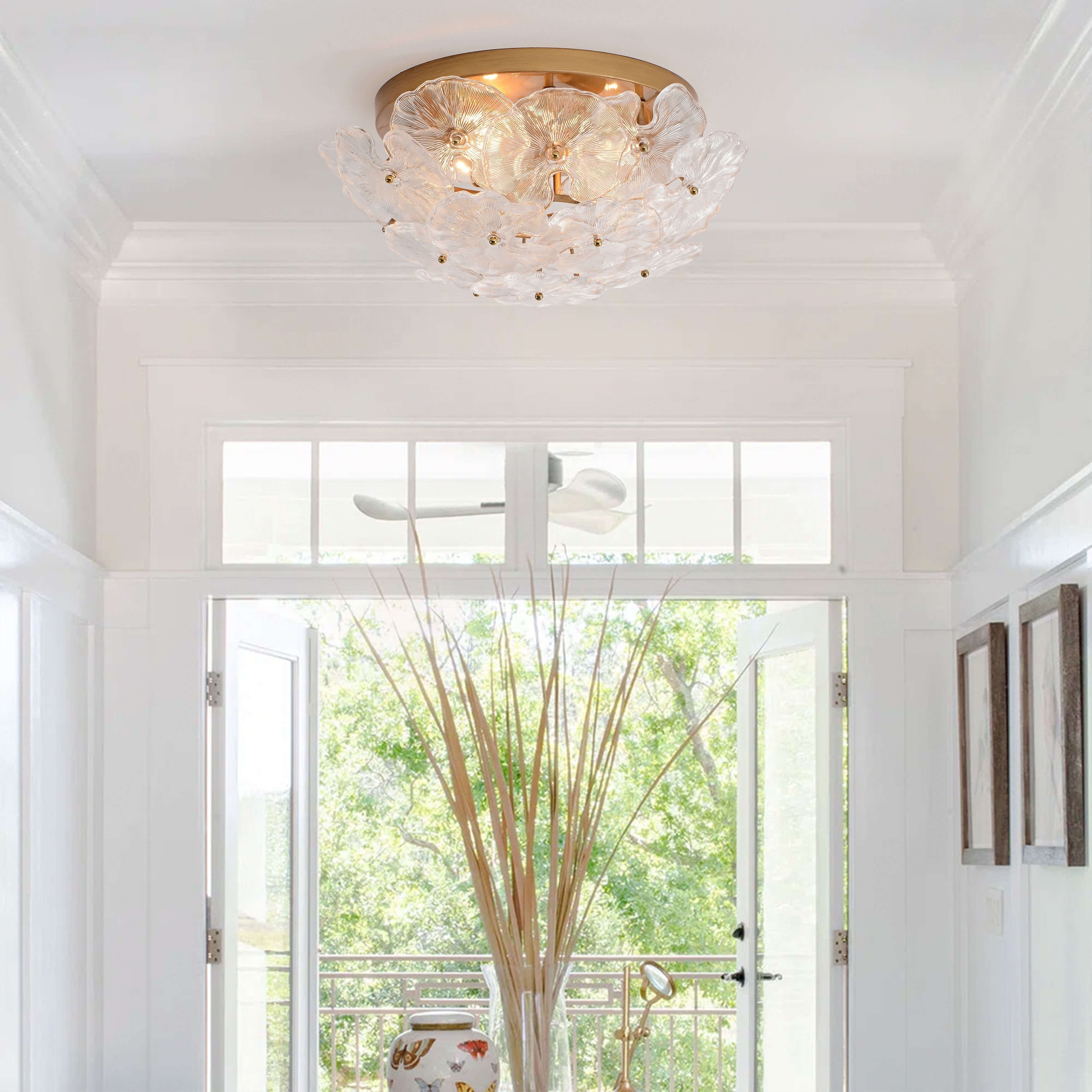 Jojospring Emilia 4-Light Brushed Brass Flower Crystal Glass Flush Mount - 18.5 inches in diameter x 9 inches H