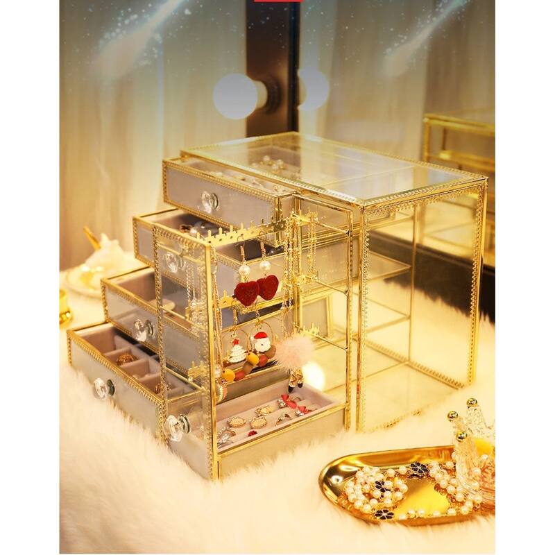Golden Brass Vintage Glass Jewelry Box,Jewelry Organizer with 4 Drawers Earring Holder - Gold