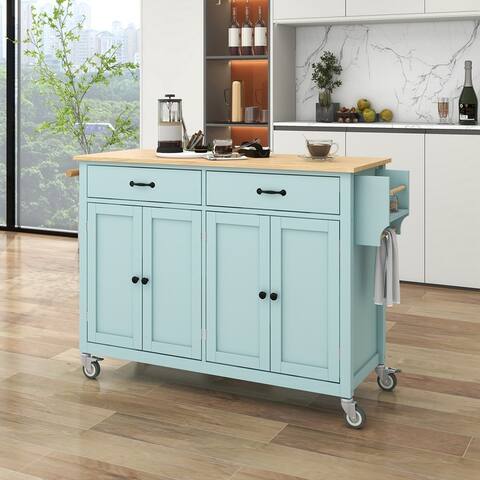 Kitchen Island Cart with Solid Wood Top and Locking Wheels with 4 Door Cabinet 2 Drawers, Spice Rack & Towel Rack