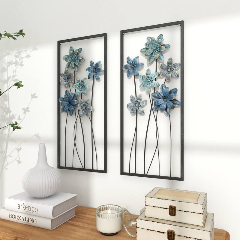 Teal Metal Floral Home Wall Decor with Black Frames and Gold Accents (Set of 2)