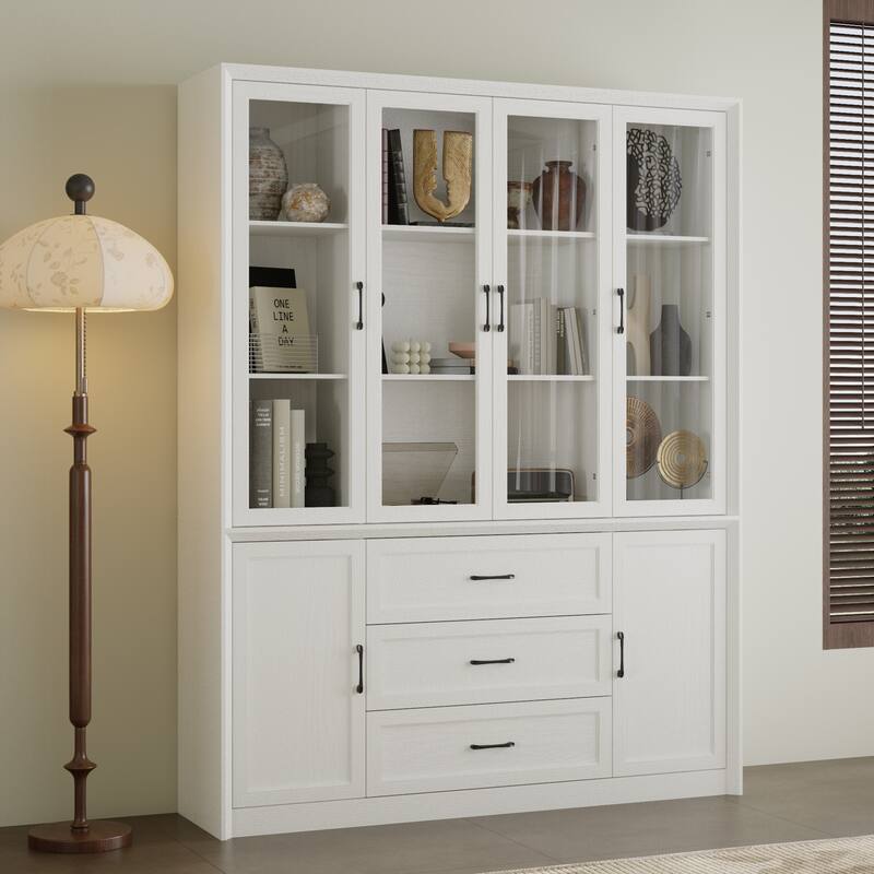 Pantry Cabinet Sideboard with Tempered Glass Doors & Drawers White/Brown