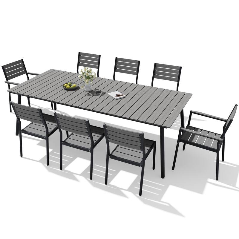 9-Piece Outdoor Patio Dining Set Wood-Like Table Top Alumium Umbrella Hole Table with Stackable Dining Chairs