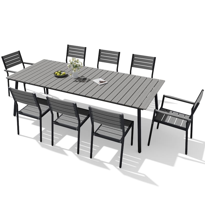 VredHom 7/9-Piece Outdoor Patio Aluminum Dining Table with Stackable Chairs Umbrella Hole - 94.5in-Grey-9PC
