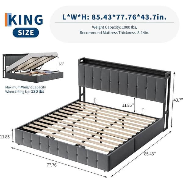dimension image slide 7 of 12, Bed Frame with Lift Up Storage, Upholstered Velvet Platform Bed with Storage Headboard