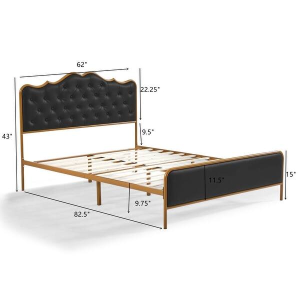 Black Q-Size Buckle Shaped Backrest Metal Frame Solid Wood Ribs - Bed ...