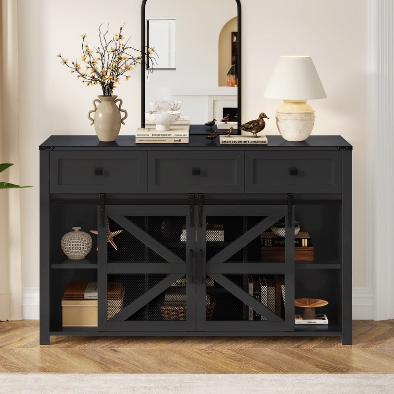Farmhouse 55" Sideboard with 2 Sliding Barn Doors and 3 Drawers for Stylish Home Storage Solution - Black