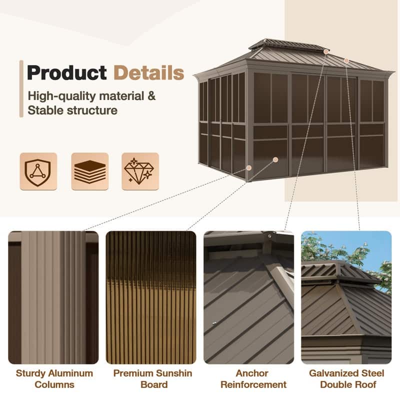 Hardtop Sunroom with Double Steel Roof, Sliding/Lockable Doors & Screens - All-Season Rustproof Aluminum Frame,Advanced Drainage