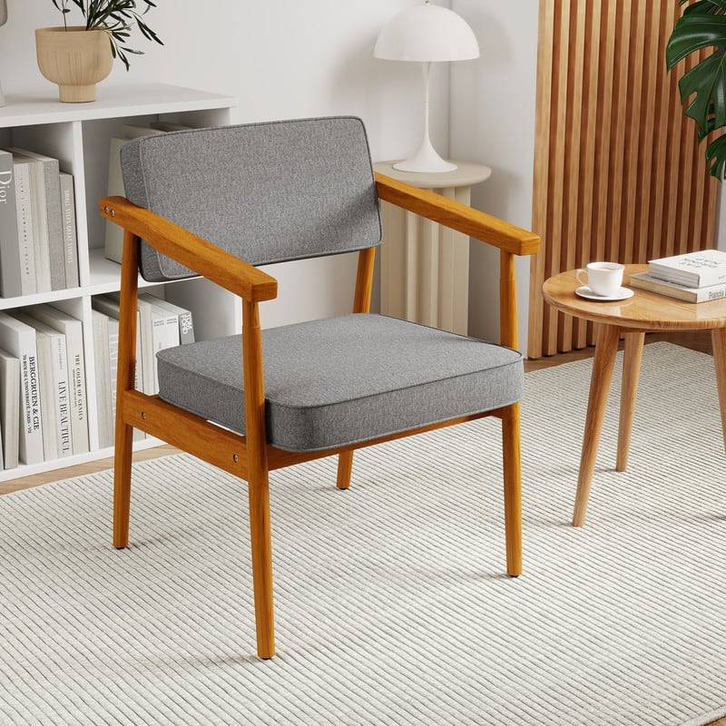 Walnut Faux Leather Upholstered Dining Chair Padded Armchair Solid Wood Open Back