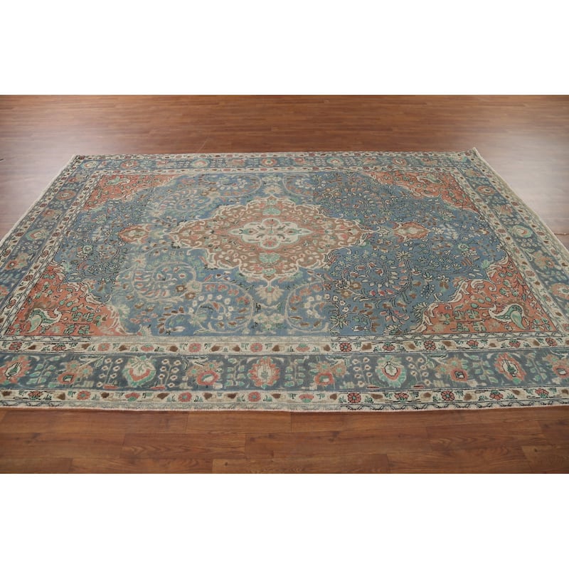 Blue Floral Tabriz Persian Vintage Area Rug Handmade Wool Carpet - 6'7"x 9'11"