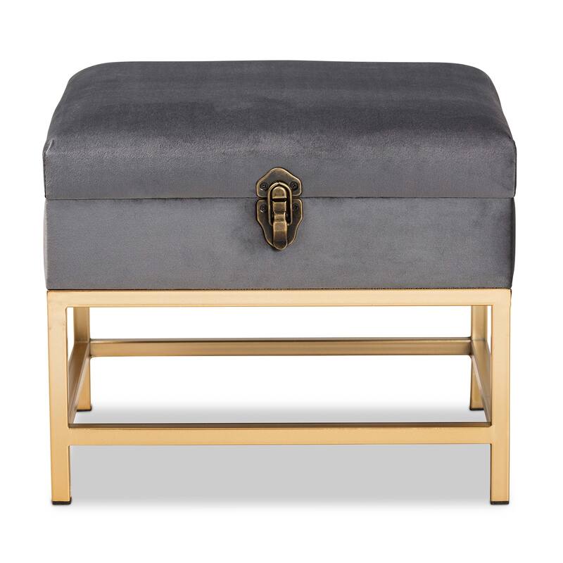 Aliana Glam and Luxe Velvet and Gold Metal Small Storage Ottoman