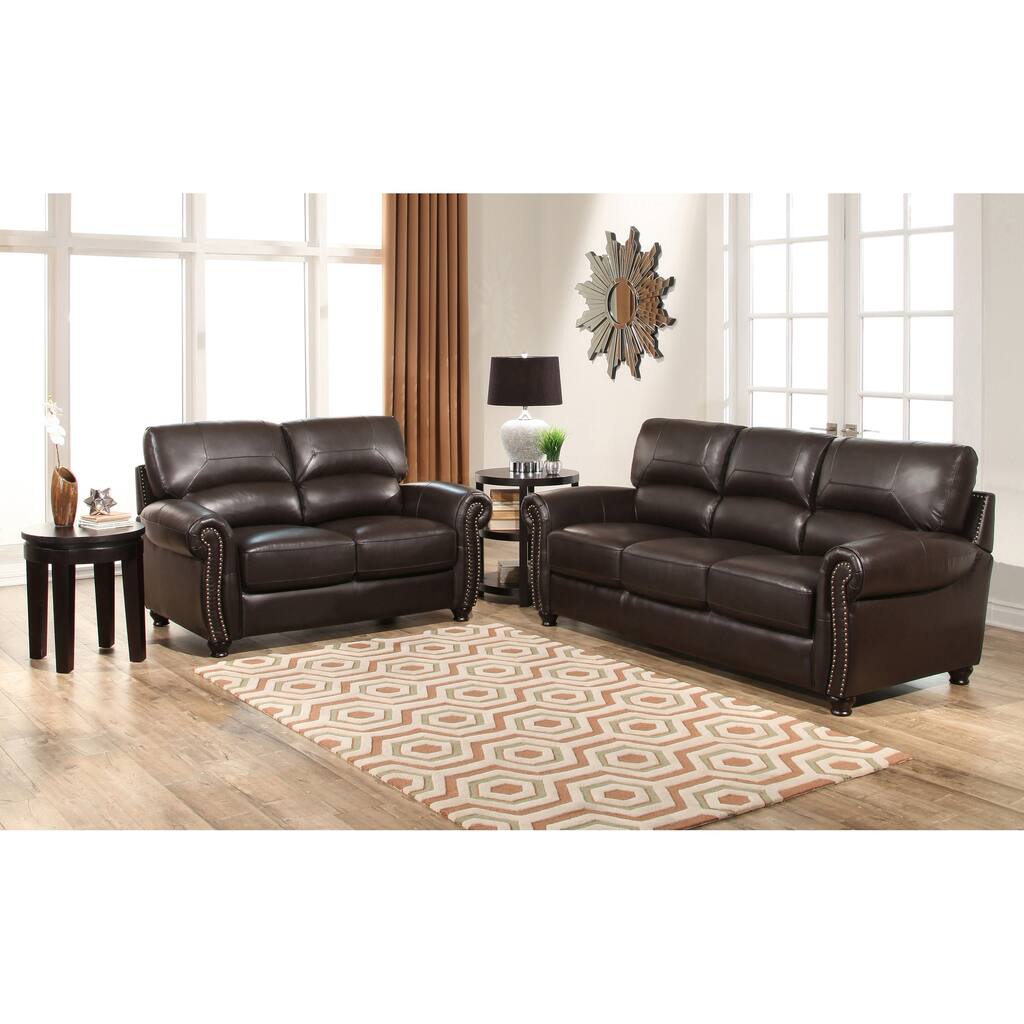 Abbyson Monaco Brown Top Grain Leather Sofa and Loveseat
