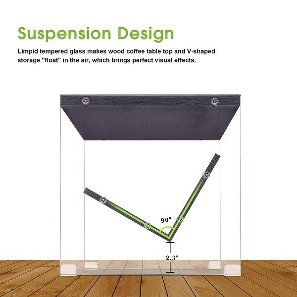 dimension image slide 0 of 2, Ivinta SoHo Coffee Table, Gray / Glass Small Cocktail Table with Storage Shelf