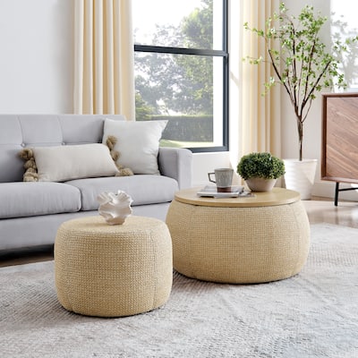 Round Storage Ottoman, Woven rattan fabric Ottoman, 2 in 1 Function