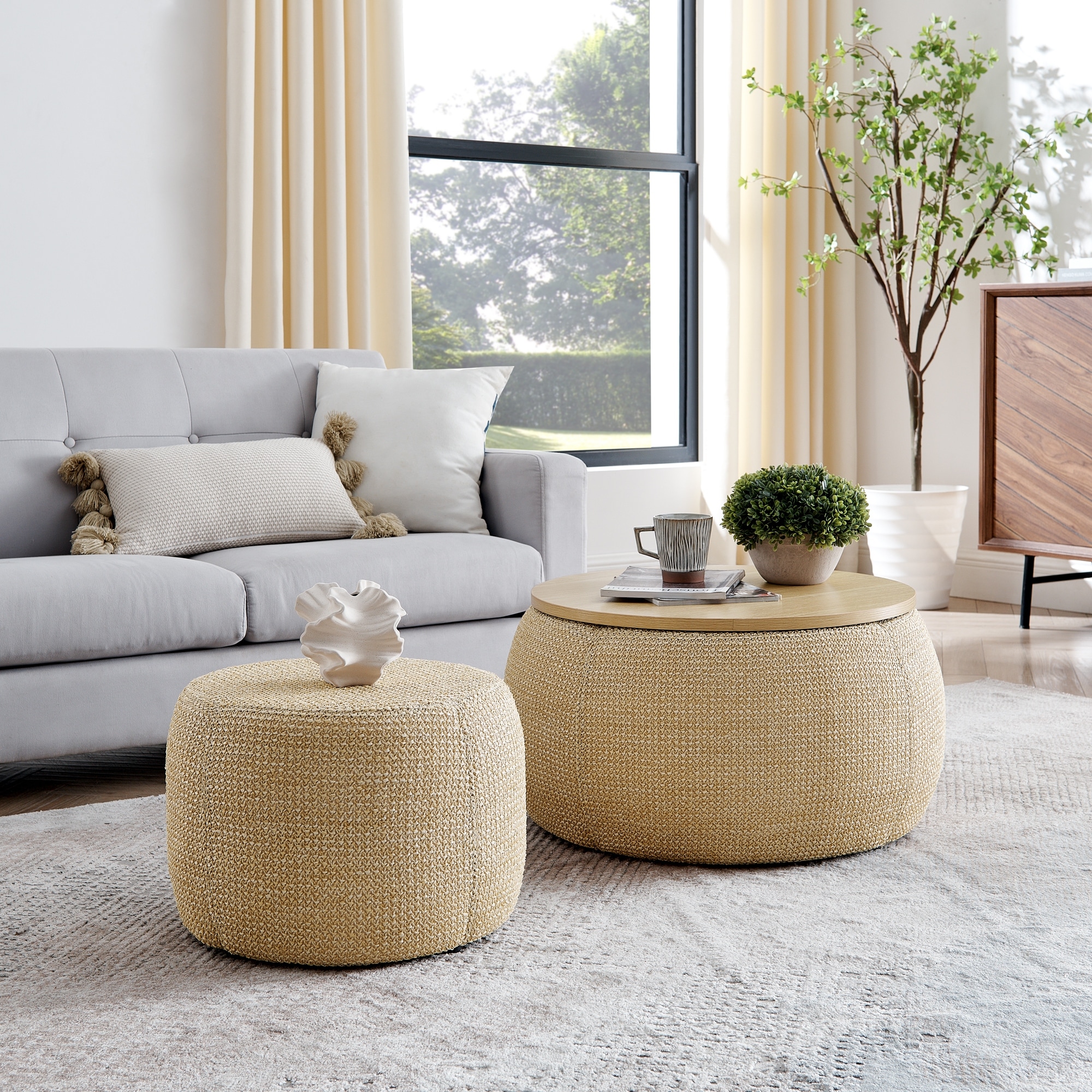 Woven Rattan Upholstered Ottoman with Storage and 2 in 1 Function