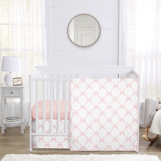 Sweet Jojo Designs Pink Bows Girl 3pc Nursery Crib Bedding Set Blush White Bow for Ballerina Ballet Dancer Princess Collection