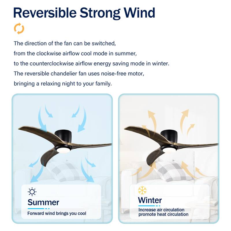 52" Flush Mount Fan Light, 3 PCS Solid Wood Blades Ceiling Fan with Lights Remote Control, Quiet DC Motor, 6 Speed