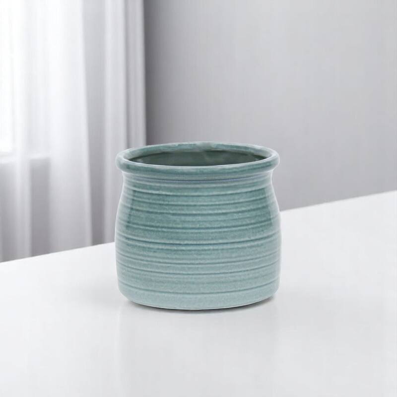 HomeRoots Celadon Ceramic 51 Ounce Striped Round Distressed Pot Planter - 6.25 in. x 5.50 in. x 6.25 in. - Celadon - 6.25 in. x 5.50 in.  x 6.25 in.