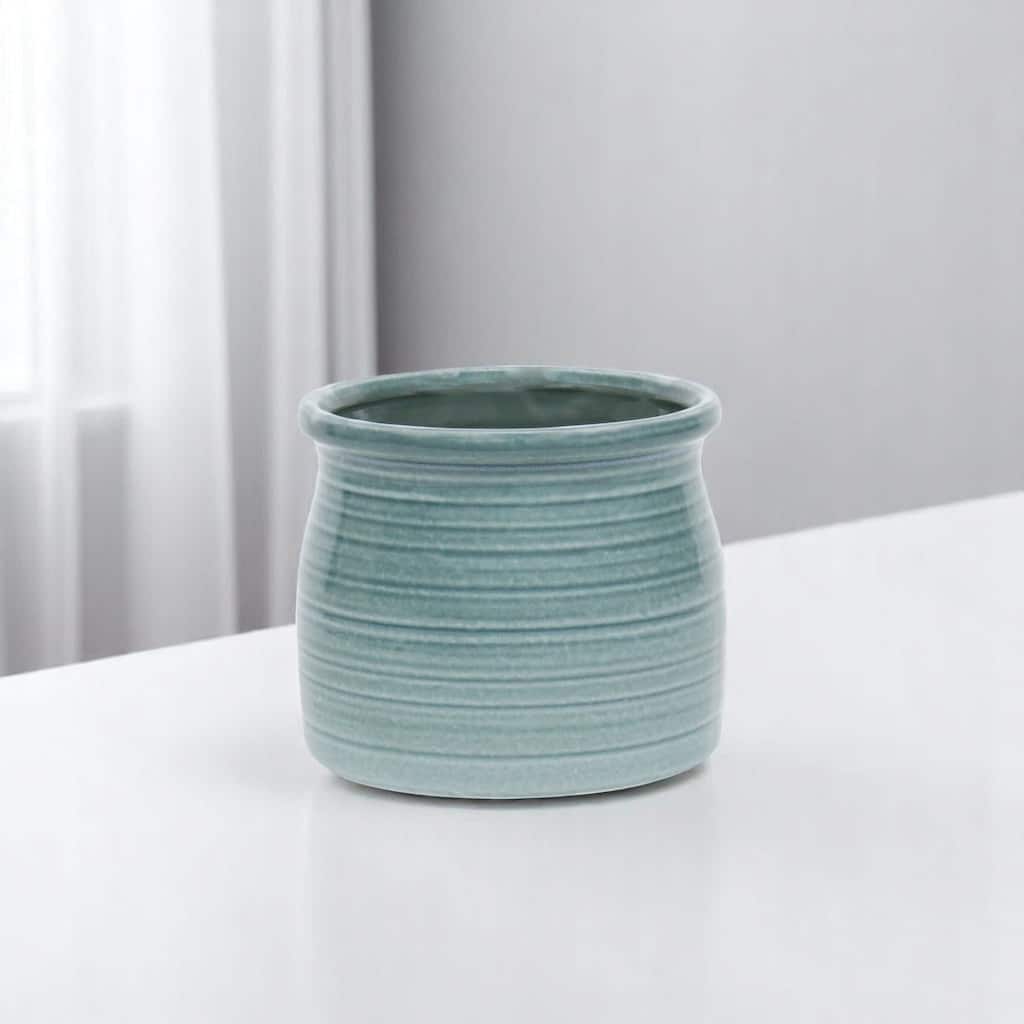 HomeRoots Celadon Ceramic 51 Ounce Striped Round Distressed Pot Planter - 6.25 in. x 5.50 in. x 6.25 in.