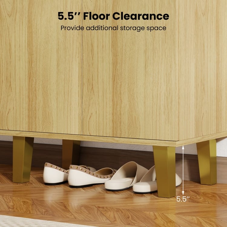 Oak MDF Wooden Shoe Cabinet with Double Doors, Shelves and Storage - 24" x 13" x 48"
