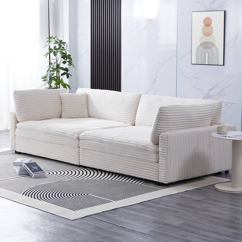 112-inch Beige Corduroy Sofa with Four Seats and Double-layer Cushions