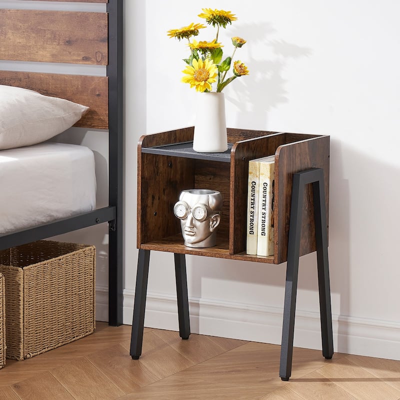 VECELO Set of 2 Industrial Nightstands with Storage Shelves,Brown
