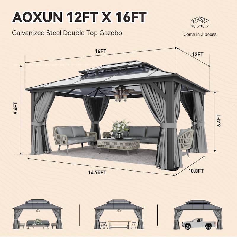 Hardtop Gazebo, Aluminum Frame Permanent Pavilion with Curtains and Netting