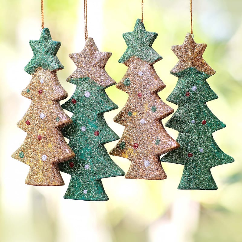 Novica Handmade Sparkling Christmas Trees Wood Ornaments (Set Of 4 ...
