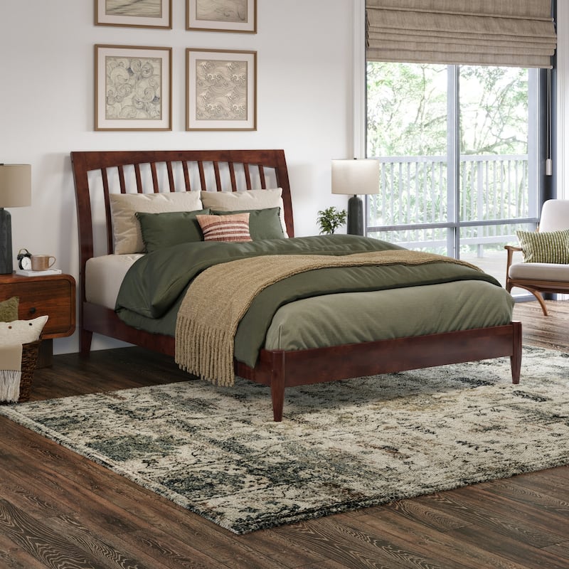 Solid Wood Platform Bed - Low Profile Sleigh Bed Frame - Full Size Bed - Walnut Finish